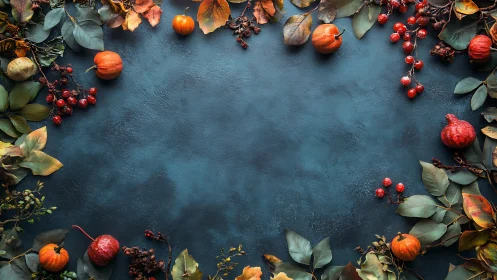 Autumn leaves, pumpkins and berries frame on dark blue table.