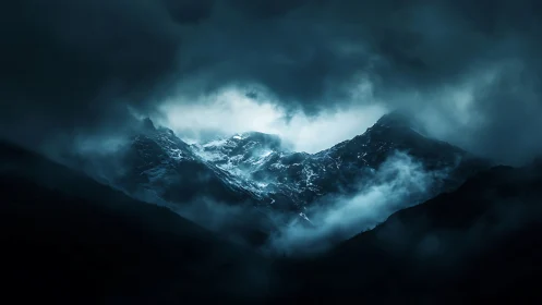 Stormlit mountain peaks glow softly through swirling clouds