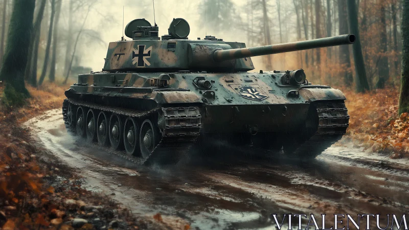 Steel panther tank prows through rain-soaked autumn forest road.
