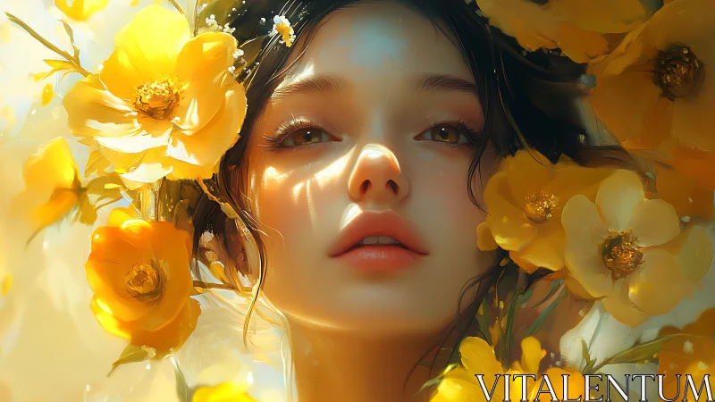Digital portrait of young woman surrounded by yellow flowers.