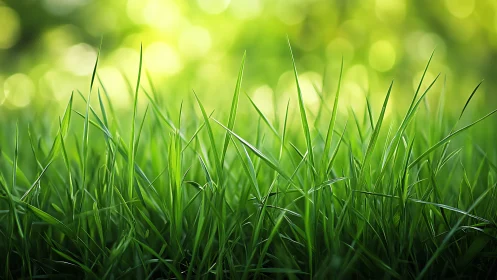 Close-up of Vibrant Green Grass in Soft Sunlight, Nature Photography.