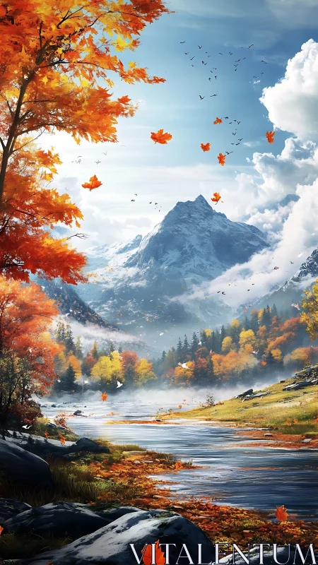 Golden autumn river beneath misty snowcapped peaks.