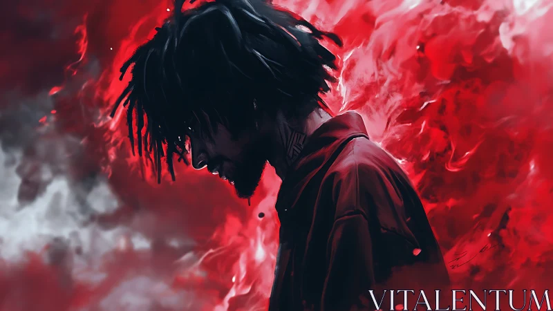 Brooding silhouette walks through swirling red and white smoke