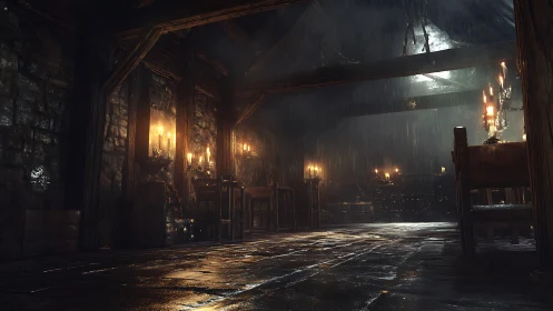 Rain‑soaked medieval tavern interior lit by warm candles