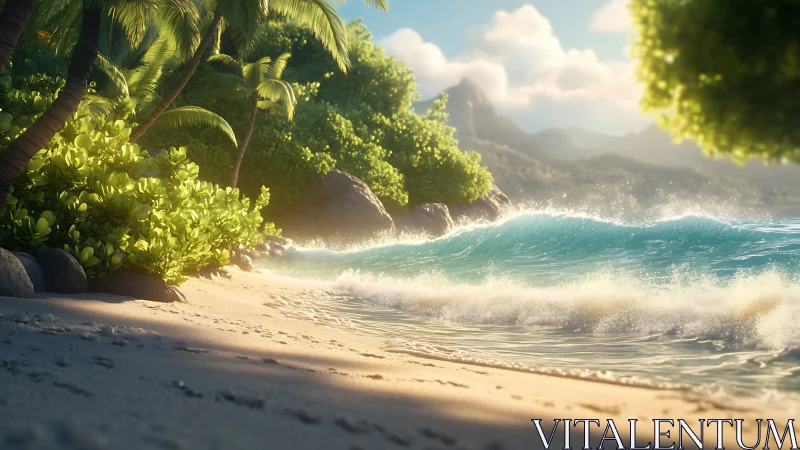Tropical Beach Cove with Turquoise Waves and Lush Vegetation