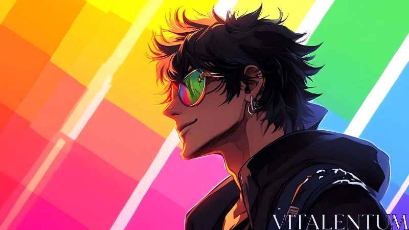 Cool profile portrait with neon rainbow light spectrum glow.