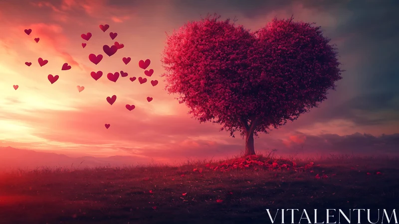 Heart-Shaped Tree Glowing at Sunset with Floating Hearts