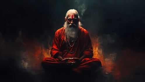 Meditating elder in orange robes against dark smoky backdrop.