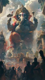 Skystride Ganesha over festival-swirled temple streets.