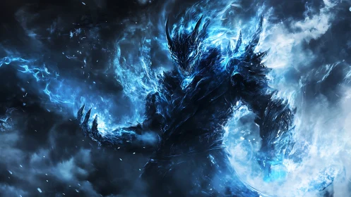 Elemental ice demon emerges in luminous blue particle storm