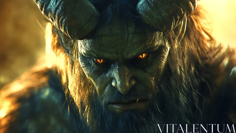 Horned humanoid creature faces camera under warm backlight