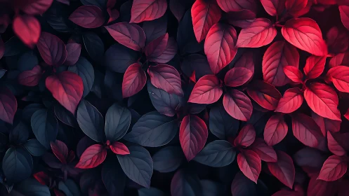 Crimson foliage pattern over deep shadowed leaves.