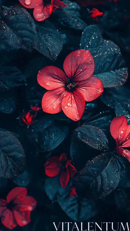 Red Floral Blooms Against Deep Teal Foliage with Water Droplets.