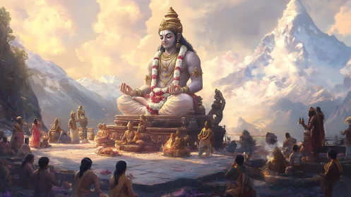 Mountain temple deity seated in grand ceremonial worship