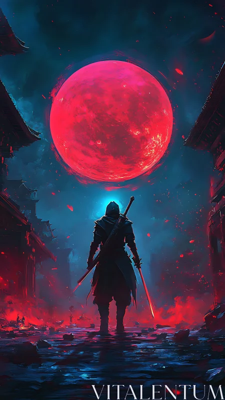 Crimson lunar warrior under neon vaporlit ruined street.