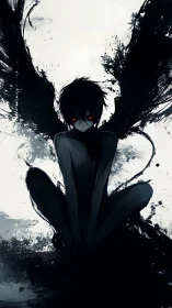 Dark winged figure with glowing red eyes in ink splatter.