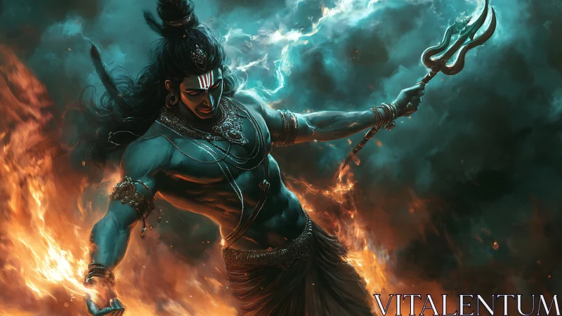 Mythological blue-skinned figure with trident amid flames.