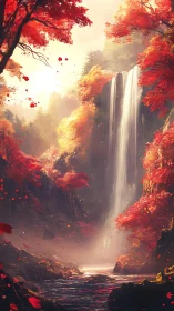 Waterfall flows through dense red autumn forest at sunrise