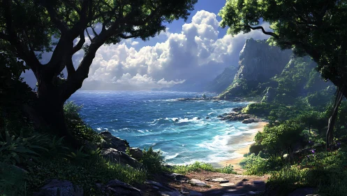 Coastal Vista: Framed Beach Landscape with Volcanic Geology.