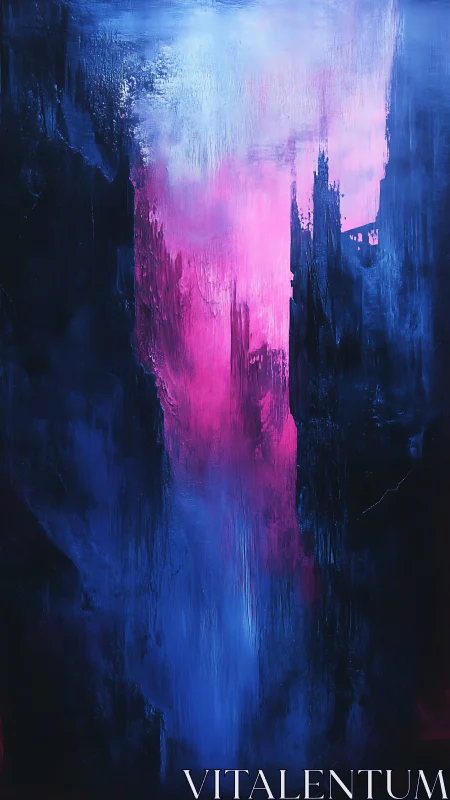 Neon magenta light cascade within deep cobalt void.