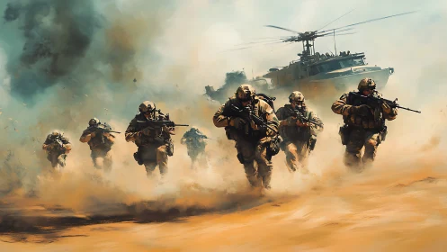 Dust-charged tactical advance under armored helicopter cover.