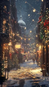 Atmospheric digital painting of a snowlit festive city street.