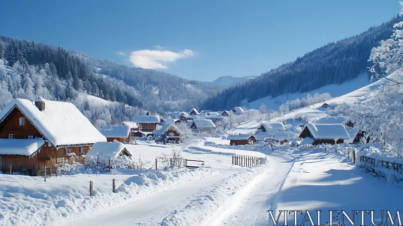 Cozy wooden village wrapped in soft winter snow and sunlight.