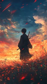 Lone samurai watches a blazing sunset over a wild meadow