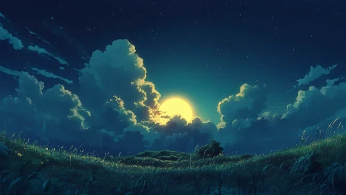 Moonlit meadow under towering night clouds at horizon.