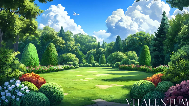 Formal garden lawn bordered by shaped hedges and trees.