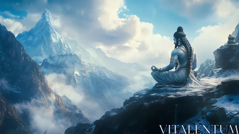 Meditating deity statue on snowy mountain cliff at sunrise.