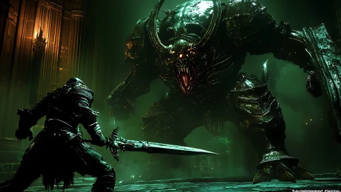 Armored knight confronts colossal demonic beast in green-lit hall