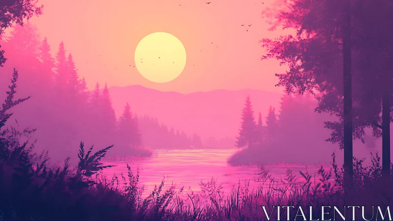 Pink-toned conifer forest lake under low sun at dusk.