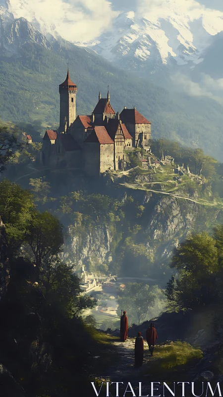 Medieval cliffside fortress with red roofs under alpine peaks