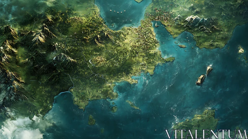 Epic coastal fantasy continent with ships and citadel ports.