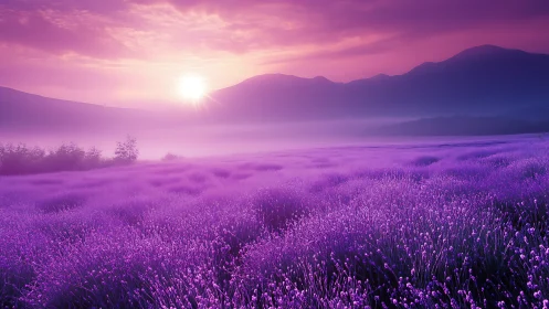 Soft sunrise glows over endless purple lavender fields