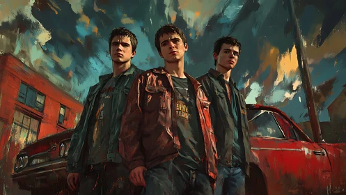 Gritty urban trio beside weathered red car at dusk storm