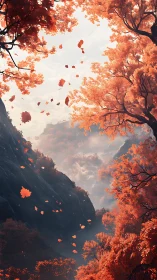 Gentle canyon of drifting autumn leaves and quiet mist.