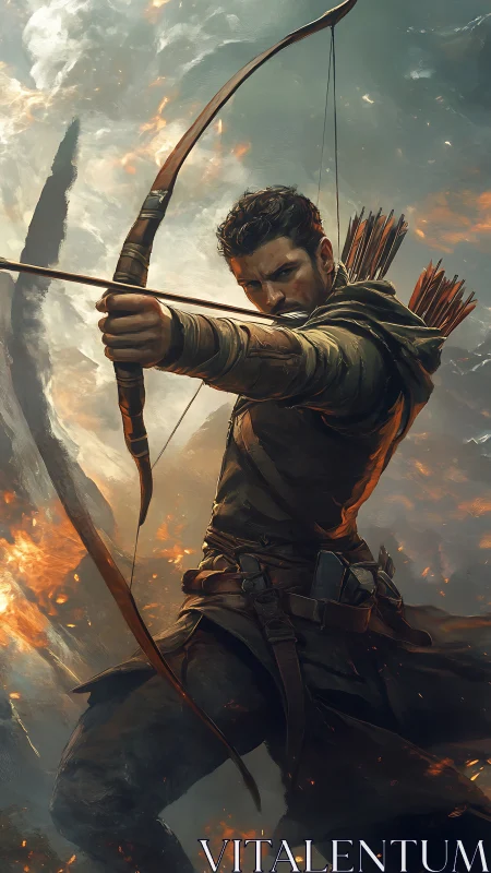 Archer draws bow amid burning battlefield with focused aim