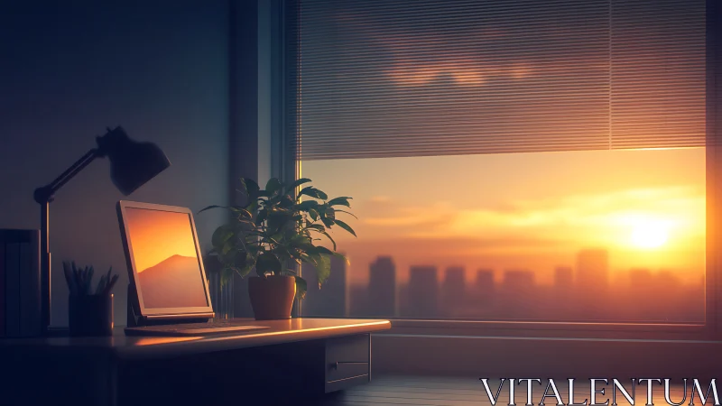 Sunlit minimalist desk workspace with glowing city sunset.