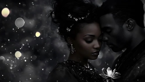 Monochromatic Portrait: Two Figures with Bokeh Lighting