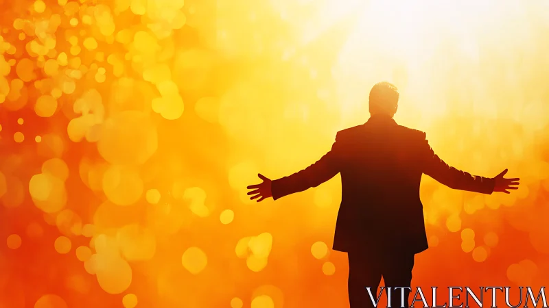 Silhouetted businessman embraces radiant golden sunrise glow.