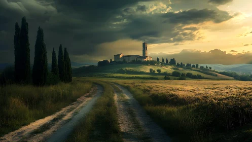 Hilltop church over Tuscan fields under stormy sunset.