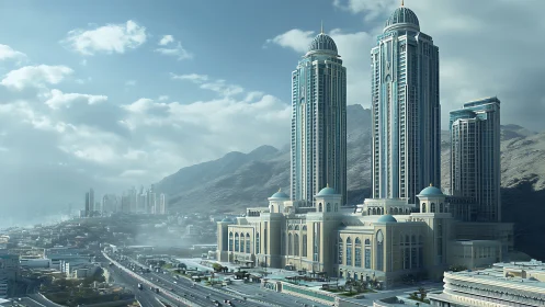 Futuristic Twin Towers with Islamic Architecture Against Mountain Skyline