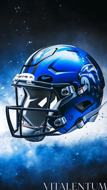 Electric blue gridiron helmet ignites storm-lit sports saga.