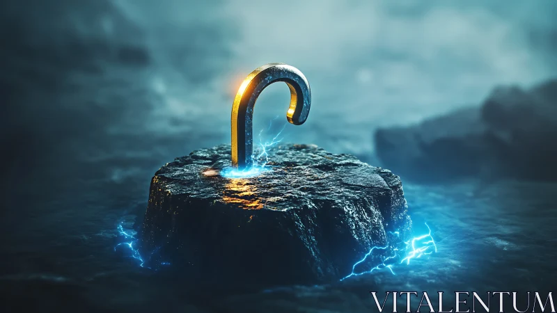 Electrified metallic hook embedded in wet rock under volumetric fog