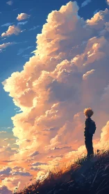 Silhouetted figure observes illuminated cumulonimbus at dusk