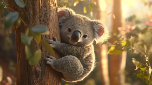 Koala rendered in soft light, clinging to tree trunk.