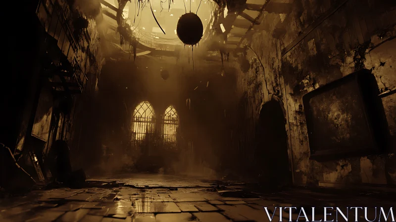 Ruined cathedral interior shows decayed walls and hanging sphere