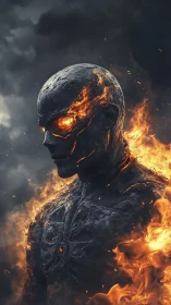 Volcanic humanoid inferno with molten eyes amid storm clouds